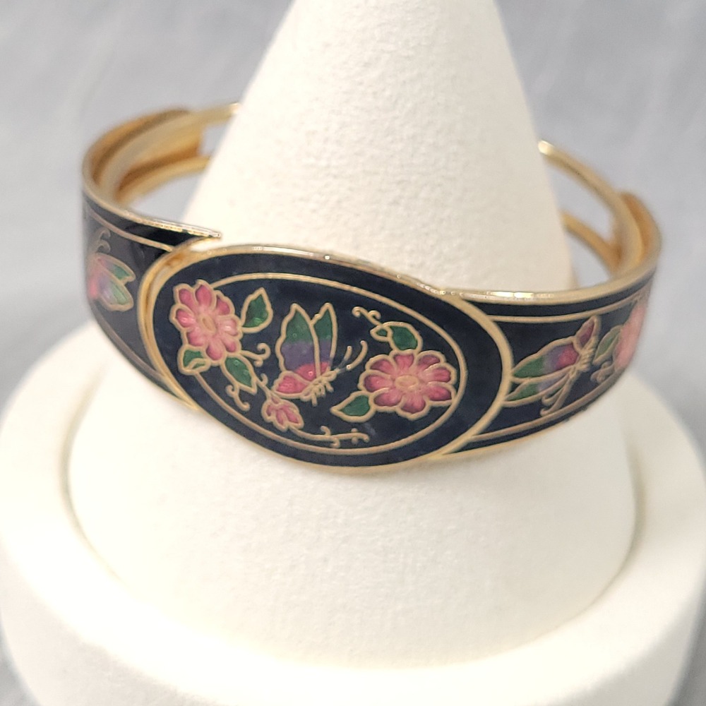 Cloisonne Clamper Bracelet Gold Black Enamel Floral Butterfly Hinge Jewelry